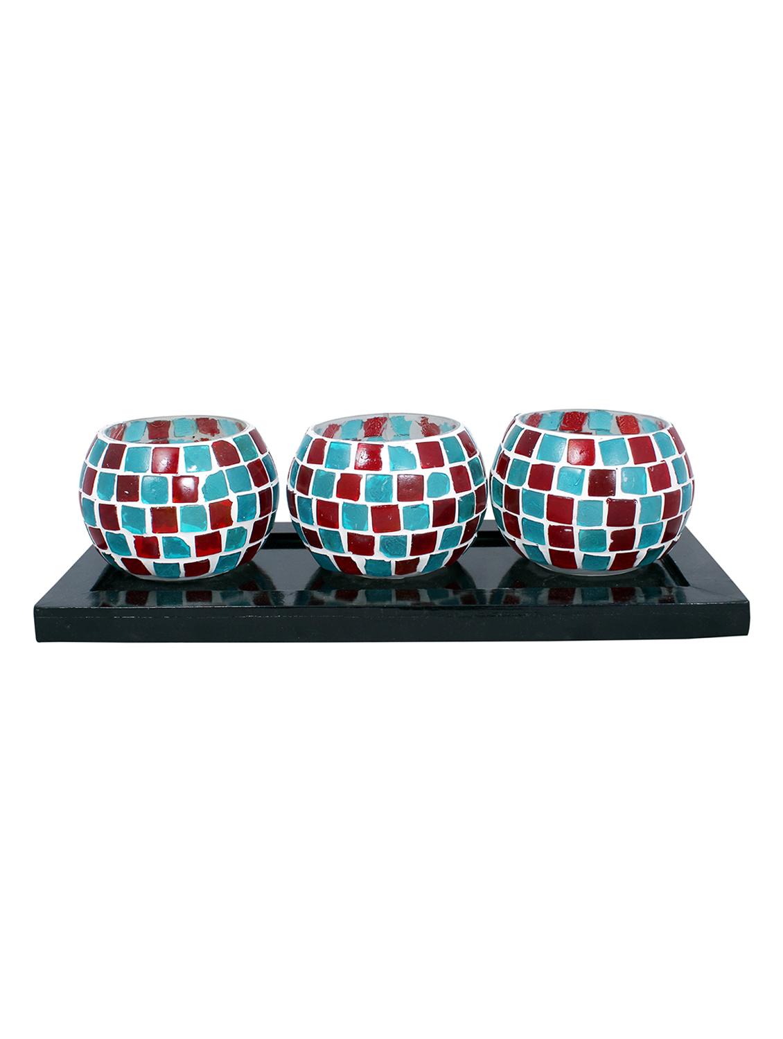 Hand Crafted Glass Votives with wooden Tray - 15614365 - Zoom Image - 1