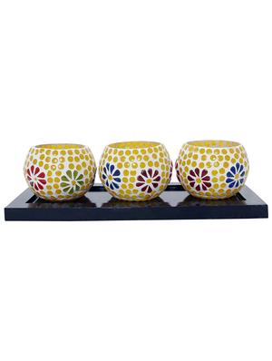 Hand Crafted Glass Votives with wooden Tray - 15614367 - Standard Image - 1