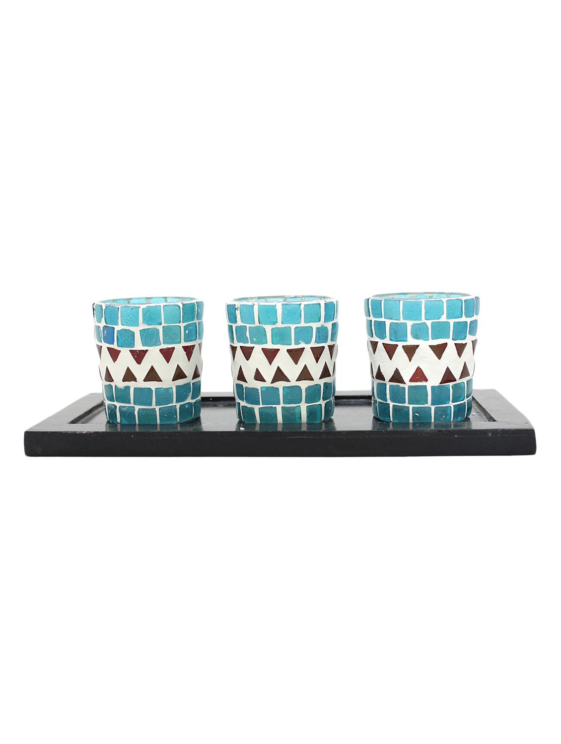 Hand Crafted Glass Votives with wooden Tray - 15614372 - Zoom Image - 1