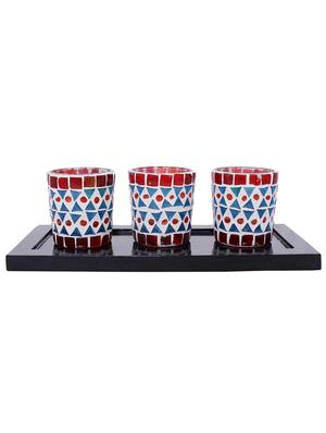 Hand Crafted Glass Votives with wooden Tray - 15614375 - Standard Image - 1