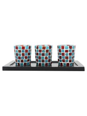 Hand Crafted Glass Votives with wooden Tray - 15614377 - Standard Image - 1