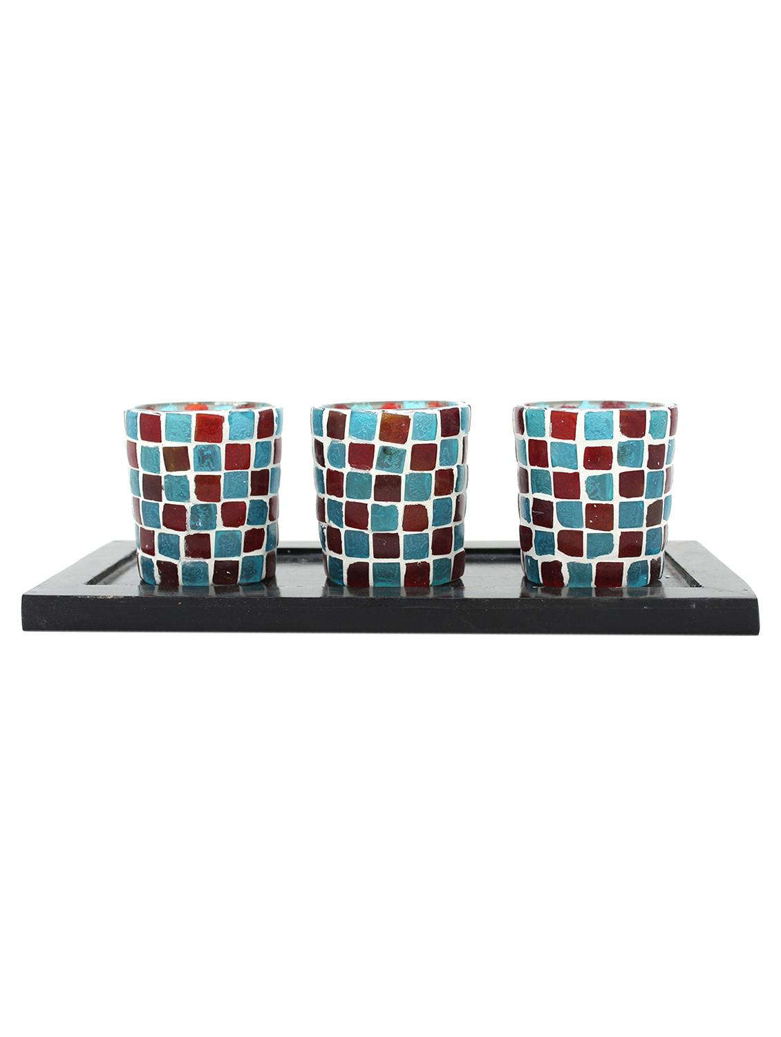 Hand Crafted Glass Votives with wooden Tray - 15614377 - Zoom Image - 1