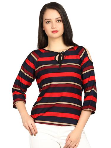 tie up neck cold shoulder striped top - 15614650 - Very Small Image - 1
