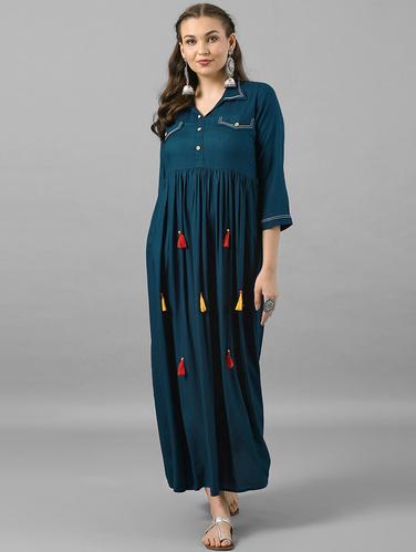 Teal flared dress with tassels - 15614663 - Very Small Image - 1