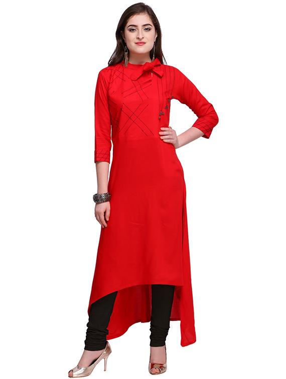 Bright red High low kurta - 15614831 - Zoom Image - 1
