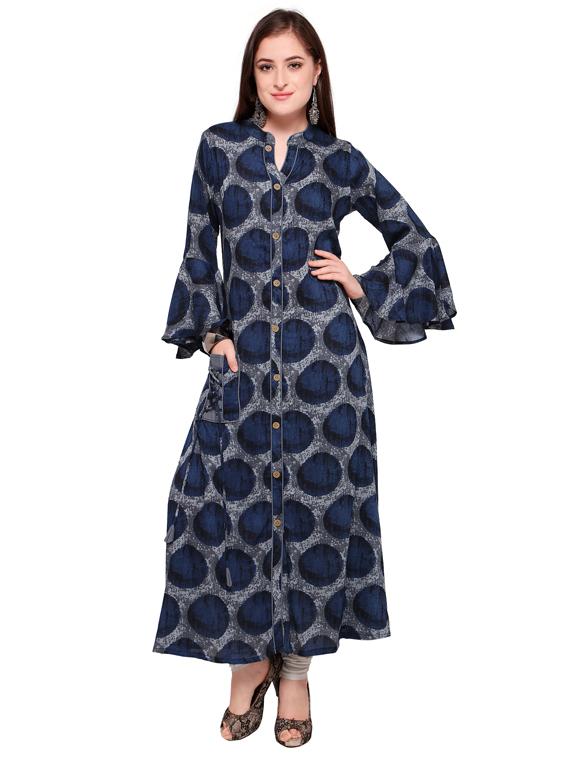 Indigo a-line bell sleeves kurta - 15614839 - Zoom Image - 1