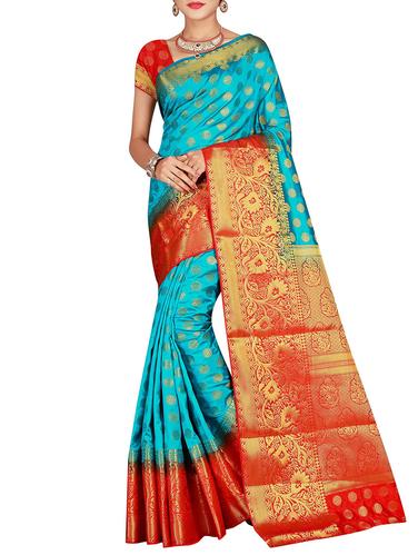 floral zari motif banarasi saree with blouse - 15615361 - Very Small Image - 1