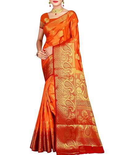 floral zari motif banarasi saree with blouse - 15615375 - Very Small Image - 1