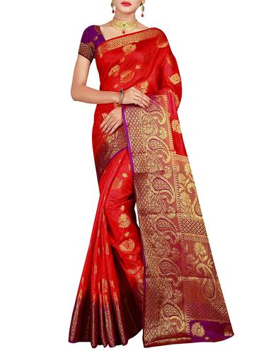 floral zari motif banarasi saree with blouse - 15615376 - Very Small Image - 1