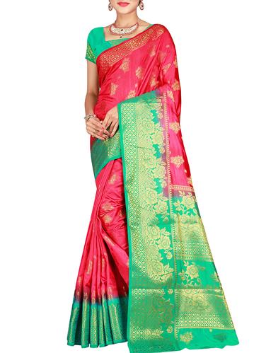floral zari motif banarasi saree with blouse - 15615380 - Very Small Image - 1