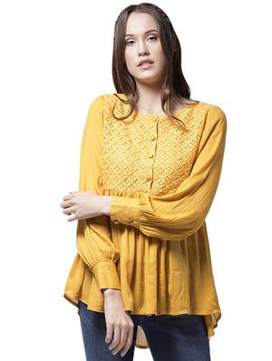 lace yoke gather detail asymmetric top - 15615432 - Standard Image - 1