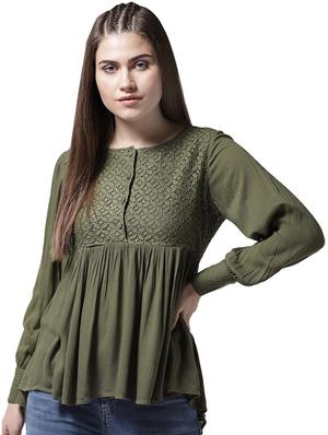 lace yoke gather detail asymmetric top - 15615433 - Standard Image - 1
