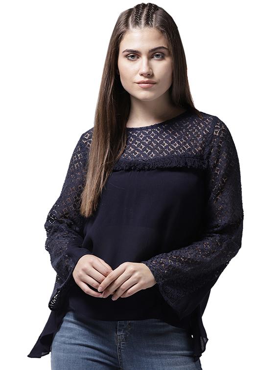 fringe detail lace paneled top - 15615439 - Zoom Image - 1