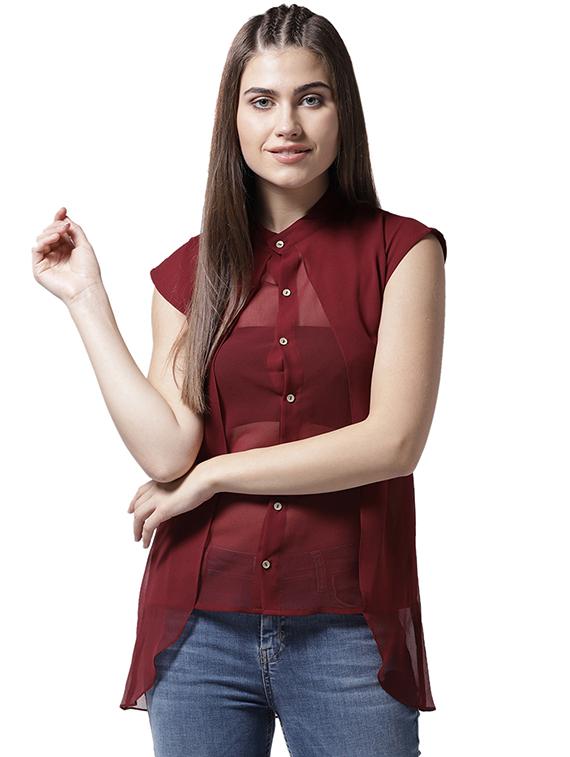 sheer button up asymmetric top - 15615446 - Zoom Image - 1