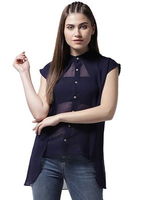 sheer button up asymmetric top - 15615447 - Standard Image - 1