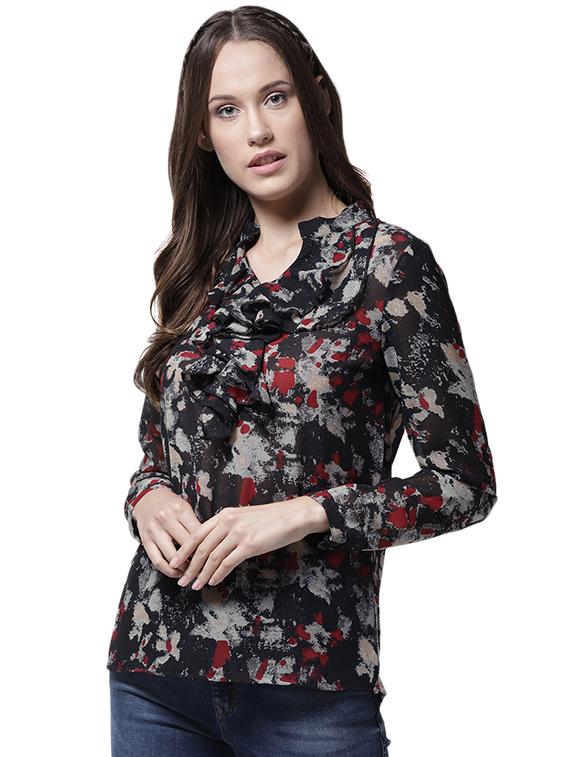 ruffled detail mandarin neck top - 15615452 - Zoom Image - 1