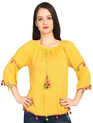 gathered neck pom pom detail top - 15615539 - Standard Image - 1