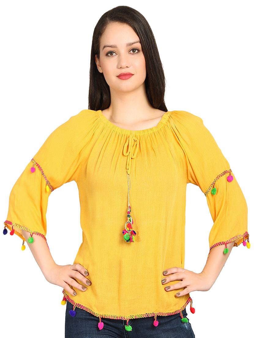 gathered neck pom pom detail top - 15615539 - Zoom Image - 1