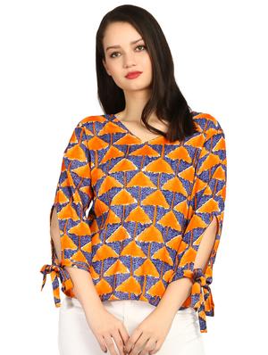 side tie up sleeved geometric print top - 15615542 - Standard Image - 1
