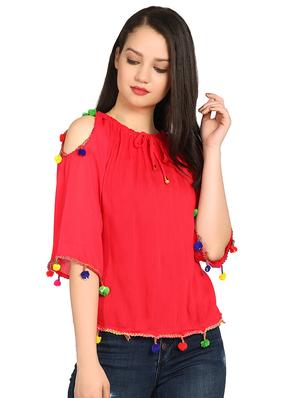 gathered neck pom pom detail top - 15615544 - Standard Image - 1
