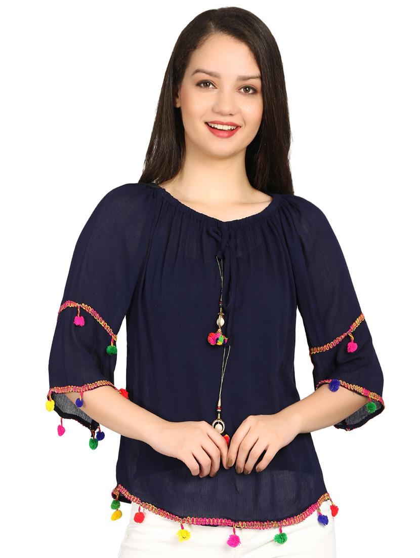 gathered neck pom pom detail top - 15615545 - Zoom Image - 1