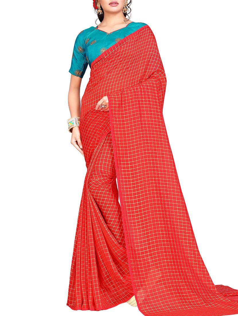 checkered woven saree with blouse - 15615581 - Zoom Image - 1