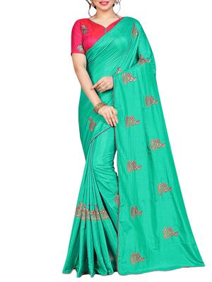 conversational turquoise embroidered saree with blouse - 15615588 - Standard Image - 1