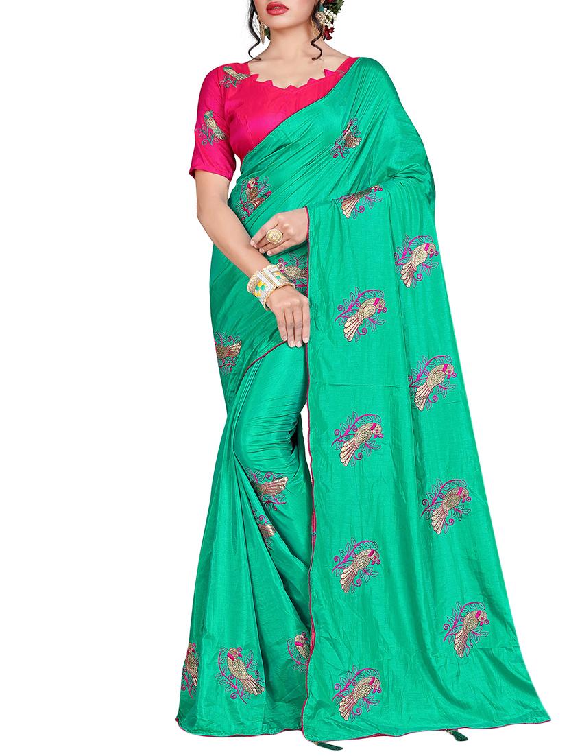 conversational turquoise embroidered saree with blouse - 15615594 - Zoom Image - 1