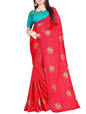 conversational red embroidered saree with blouse - 15615609 - Standard Image - 1