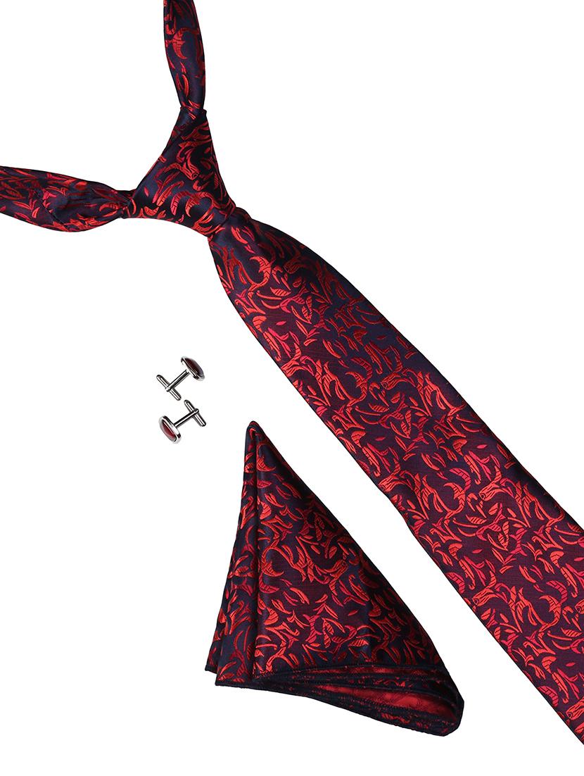 red micro fiber tie with pocket square and cufflink - 15615752 - Zoom Image - 1