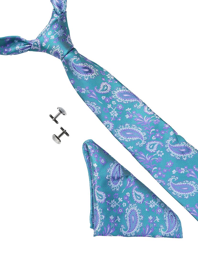 blue micro fiber tie with pocket square and cufflinks - 15615764 - Zoom Image - 1