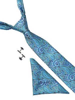 blue micro fiber tie with pocket square and cufflink - 15615771 - Standard Image - 1