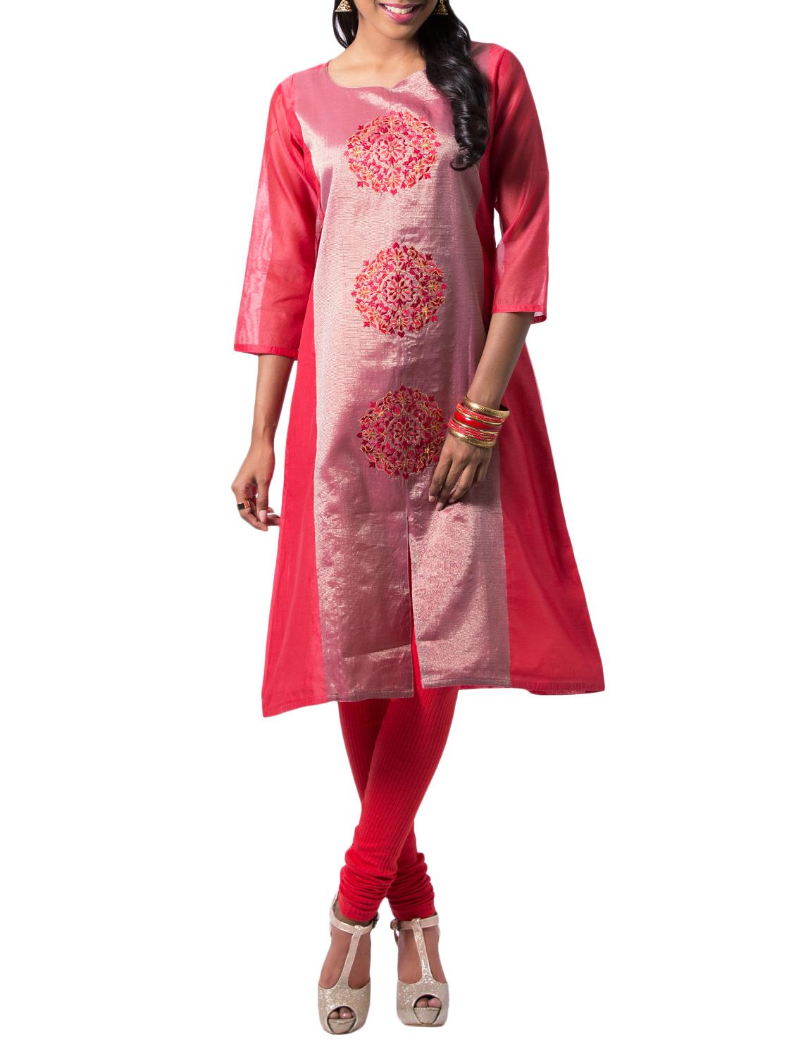 Embroidered silk a-line kurta - 15615795 - Zoom Image - 1
