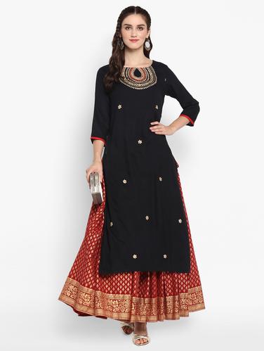 Embroidered kurta with foil printed skirt set - 15616091 - Very Small Image - 1
