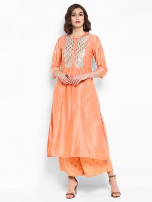 Mirror work kurta with foil printed palazzo set - 15616097 - Standard Image - 1