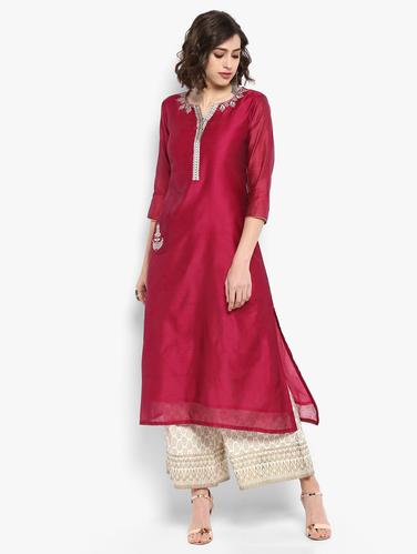 Embroidered silk kurta with foil printed palazzo set - 15616099 - Very Small Image - 1