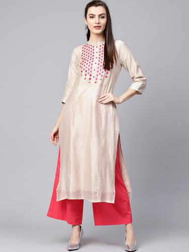 Mirror work silk blend straight kurta - 15616105 - Very Small Image - 1