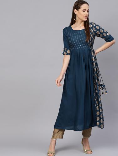 Teal foil print kurta with tassels - 15616109 - Very Small Image - 1