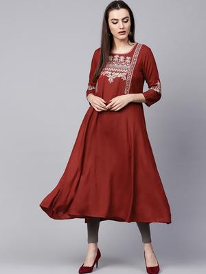 Rust Embroidered a-line kurta - 15616115 - Standard Image - 1
