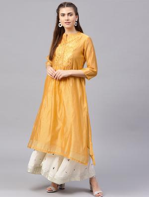 Mirror work silk a-line kurta - 15616117 - Standard Image - 1