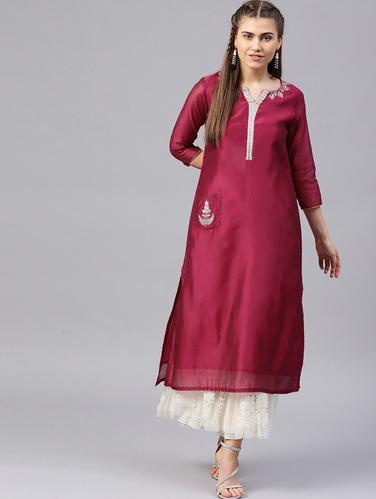 Magenta silk Embroidered kurta - 15616118 - Very Small Image - 1