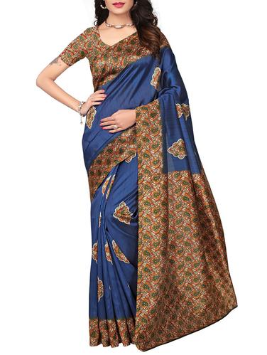 kalamkari printed navy blue saree with blouse - 15616374 - Very Small Image - 1