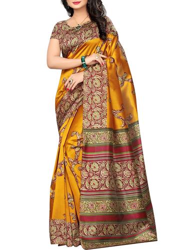kalamkari printed mustard saree with blouse - 15616399 - Very Small Image - 1