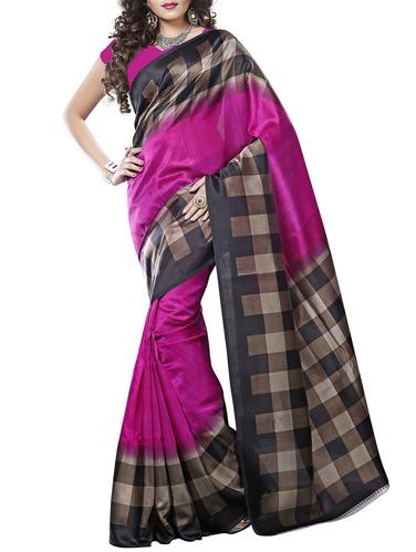 checkered printed border saree with blouse - 15616412 - Very Small Image - 1