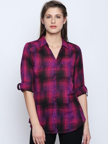 fuchsia roll up sleeve checkered shirt - 15616893 - Very Small Image - 1