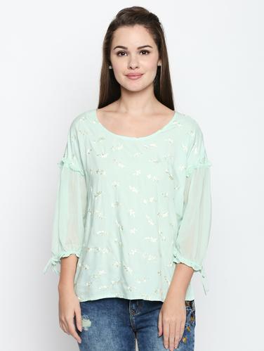 sheer sleeve panel embroidered top - 15616901 - Very Small Image - 1