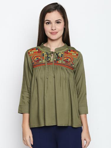 embroidered yoke gathered top - 15616902 - Very Small Image - 1