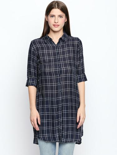 navy blue back slit checkered tunic - 15616909 - Very Small Image - 1