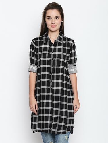navy blue back slit checkered tunic - 15616910 - Very Small Image - 1