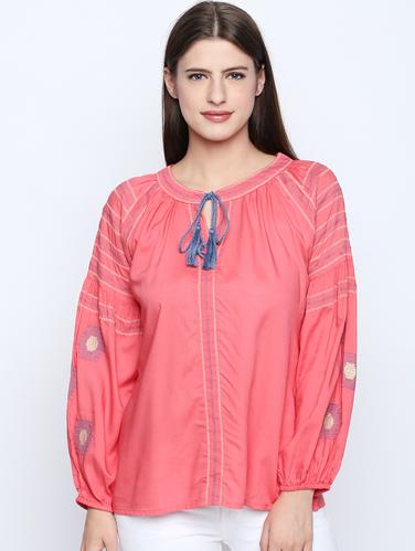 Tassel tie neck embroidered top - 15616941 - Very Small Image - 1